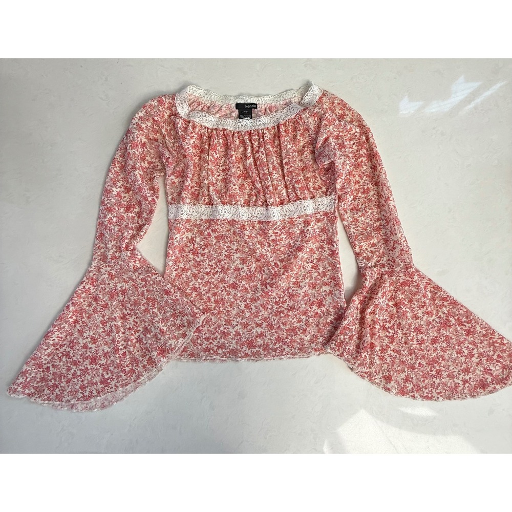 Kenzie‎ Babydoll Top Floral Lace Bell Sleeve Blouse Pink White Sheer Boho Size S